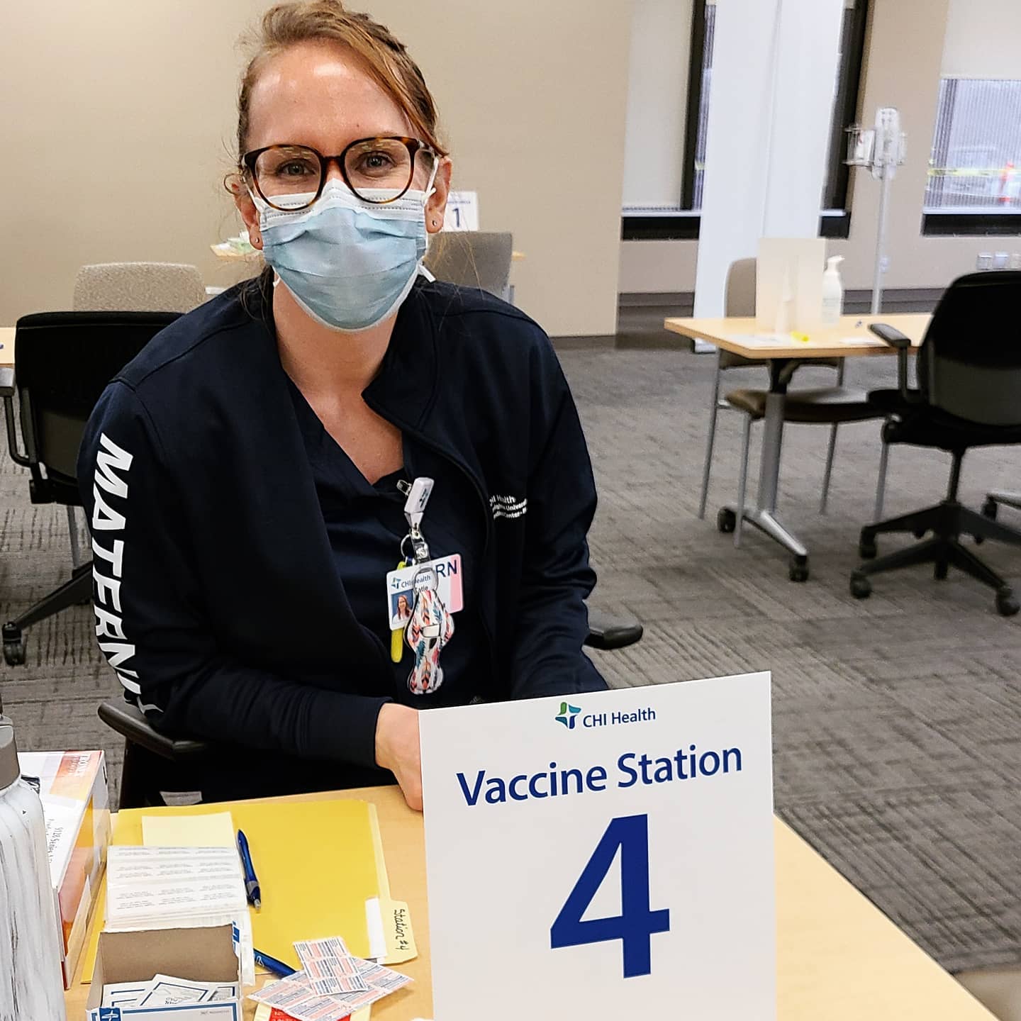 Katie Vaca wearing a mask at work.